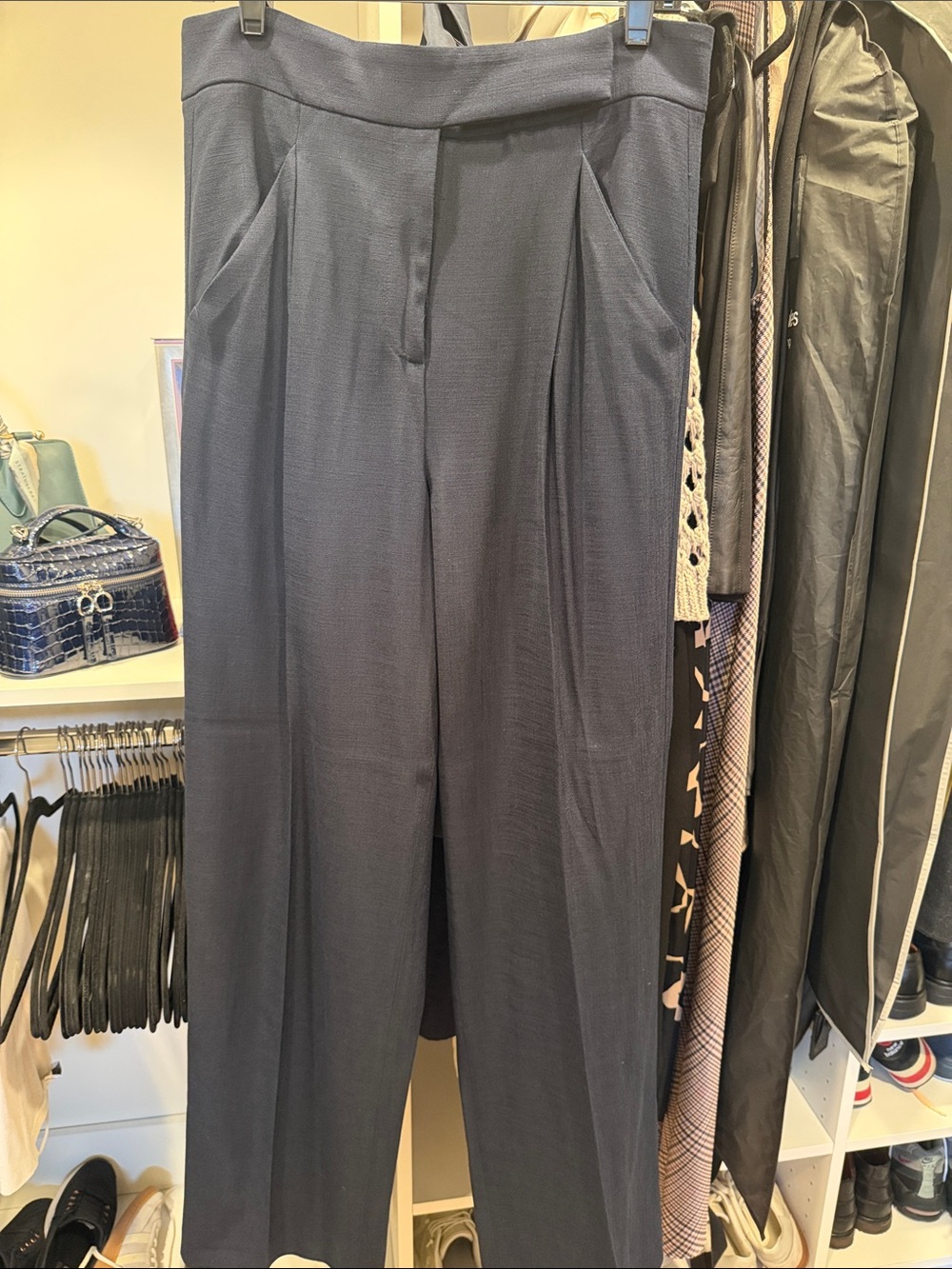 Veronica Beard Navy Wide-Leg Pleated Trousers